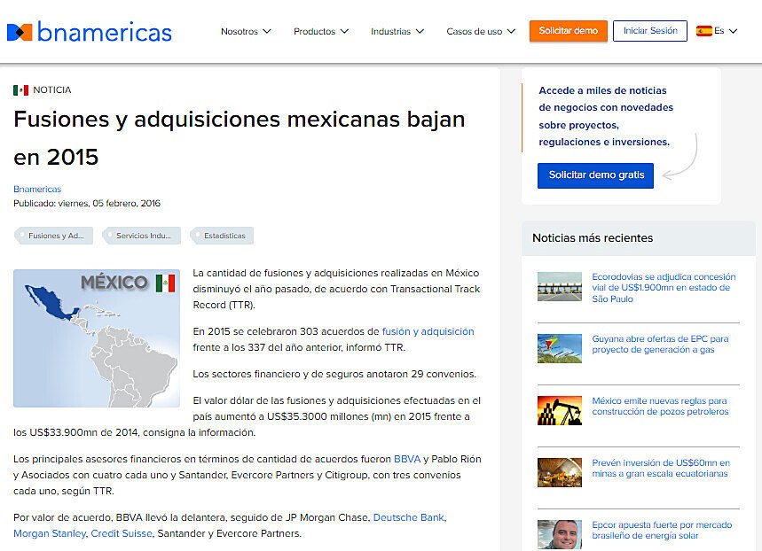 Fusiones y adquisiciones mexicanas bajan en 2015